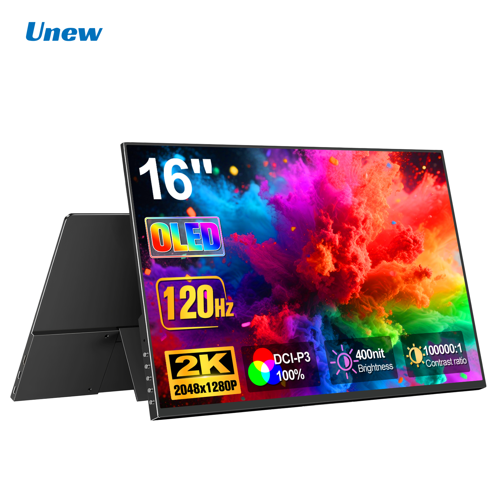 16 Inch 2K OLED Portable Monitor 2048*1280 120Hz 0.1ms Response 400Nit 100% DCI-P3 External Second Display with Foldable Stand VESA Mount Compatible Laptop Mac Phone Switch PS5 Xbox