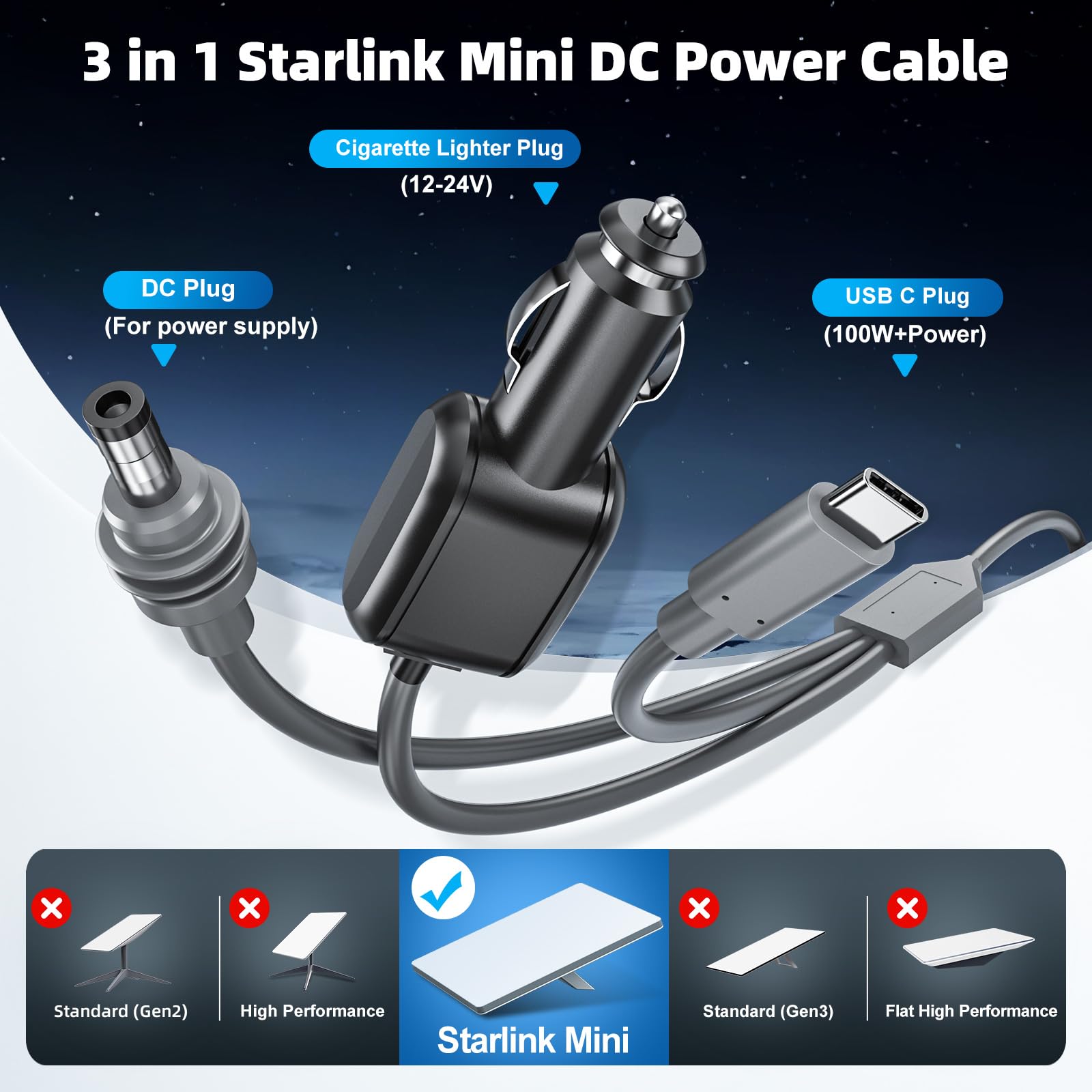3-in-1 Starlink Mini DC Power Cable, 9.8FT 12V-24V Car Charger Cord with USB-C Port, Waterproof Step Up Converter for Starlink Mini, Plug and Play for Camping, RV, Truck, Home, Outdoor Adventures-2