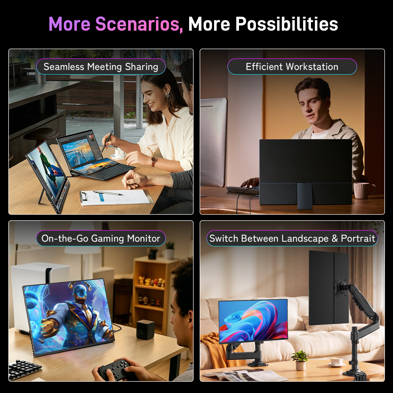 Multi-scene portable monitor for office meeting gaming, support horizontal & vertical rotation, dual screen workstation, business conference sharing, mobile gaming screen for game console laptop phone