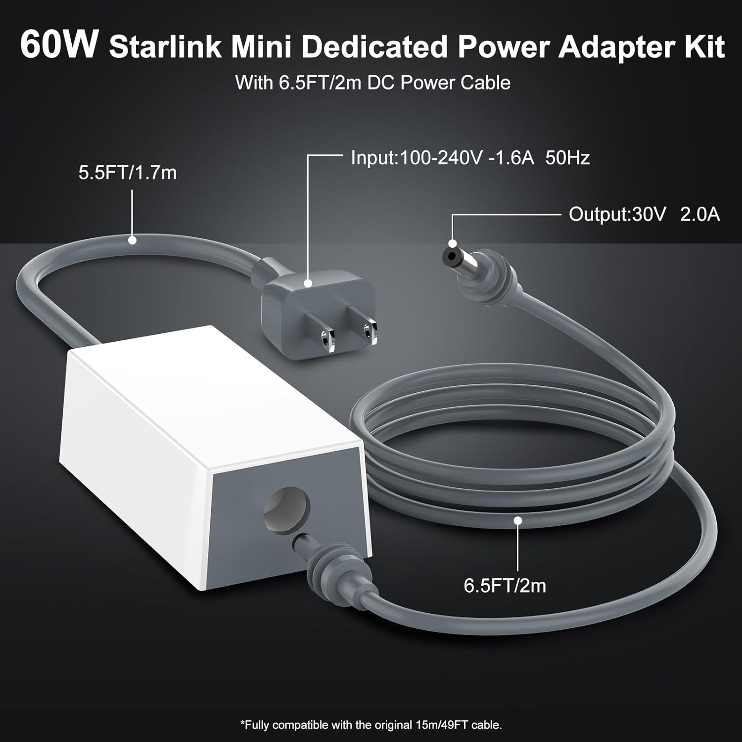 Starlink Mini 60W Power Adapter Kit with 6.5FT DC Cable, 30V/2A Replacement Charger for Starlink Mini, Space-Saving Design for Home, RV, Camping & Outdoor Use-1