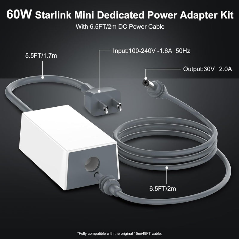 Starlink Mini 60W Power Adapter Kit with 6.5FT DC Cable, 30V/2A Replacement Charger for Starlink Mini, Space-Saving Design for Home, RV, Camping & Outdoor Use-1