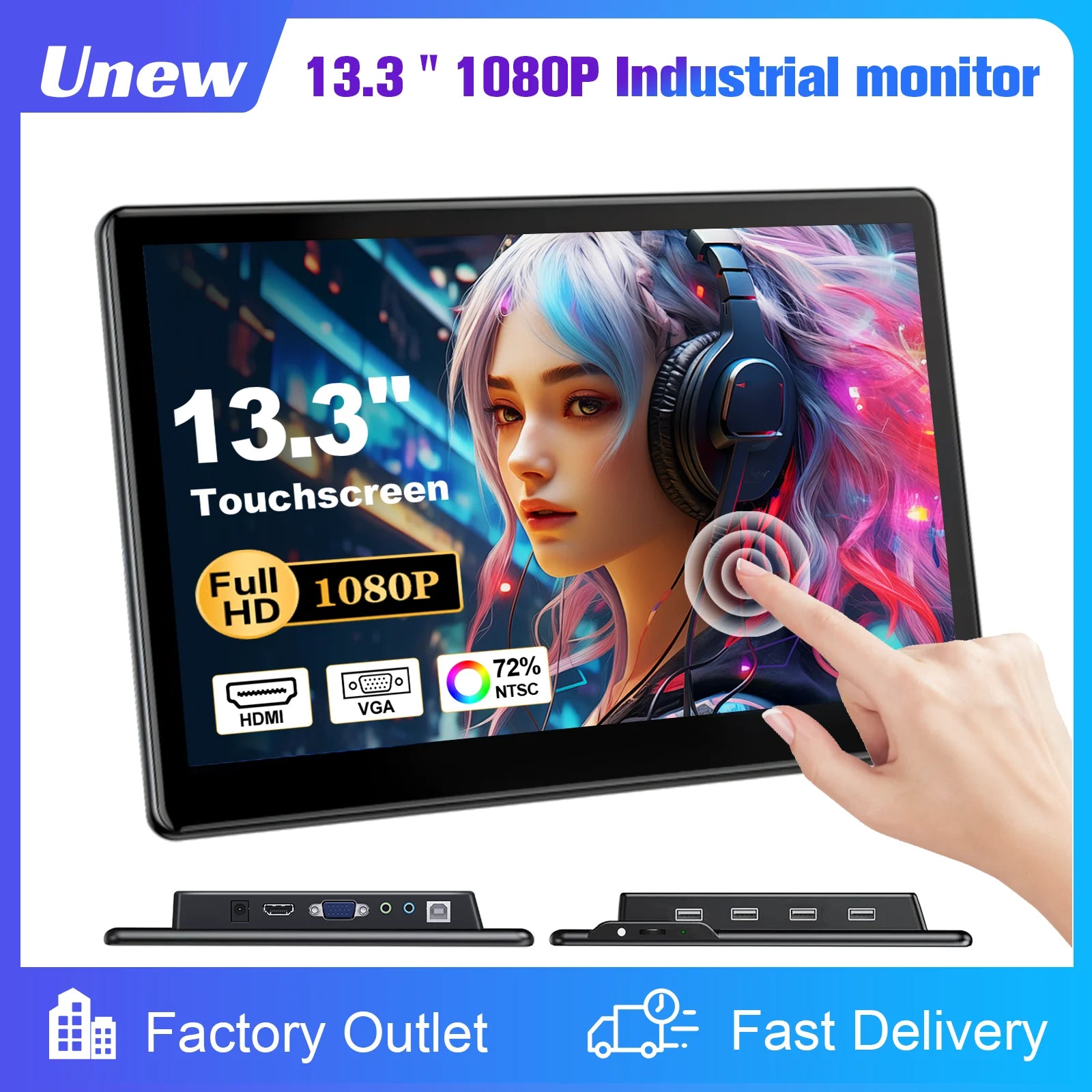 13.3 inch Touch Screen Monitor FHD 1920X1080 Suitable for Phone Laptop Inside Speaker Compatible with HDMI VGA USB Type-C-1