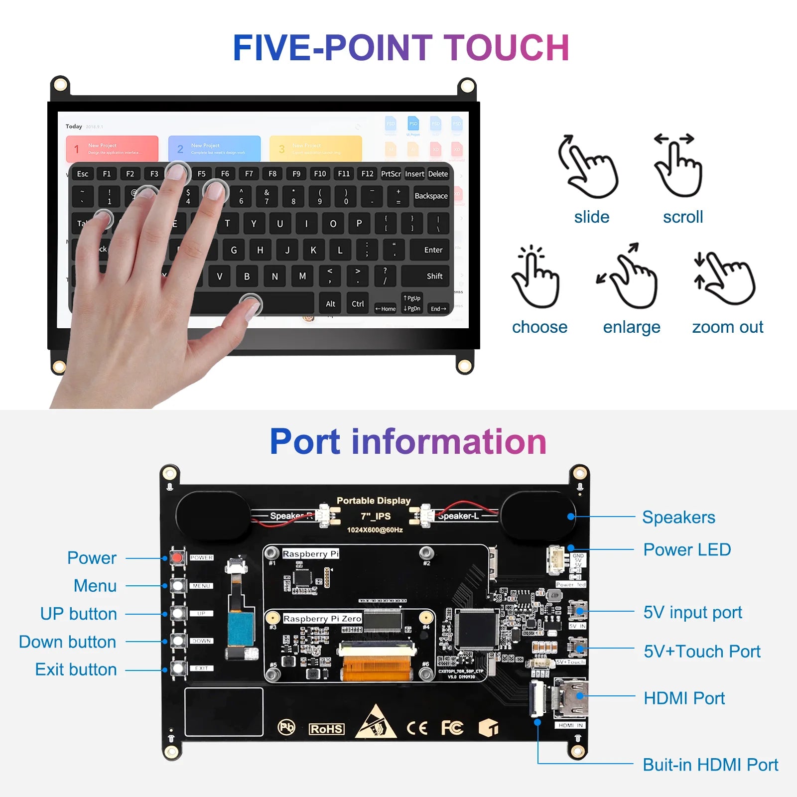 7-inch touchscreen display with 1024X600 pixels, 5-point touchscreen driver, free HDMI Type-C, suitable for PC gaming consoles-3