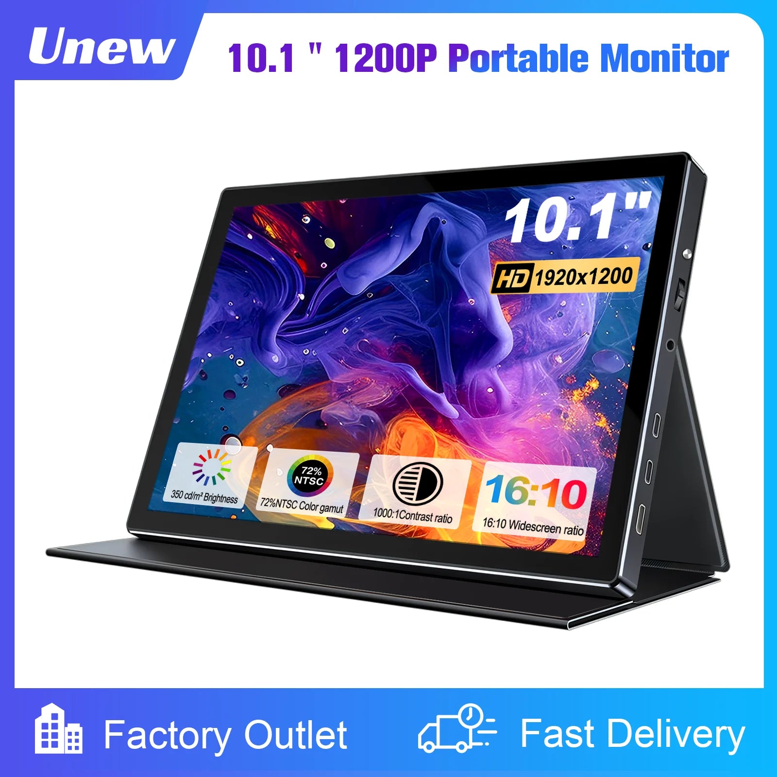 10.1 inch 1920x1200 portable Monitor, Support Typc-c/HDMI，Leather Case VESA 75*75mm, for Mobile Phone Laptops PC Car Computer