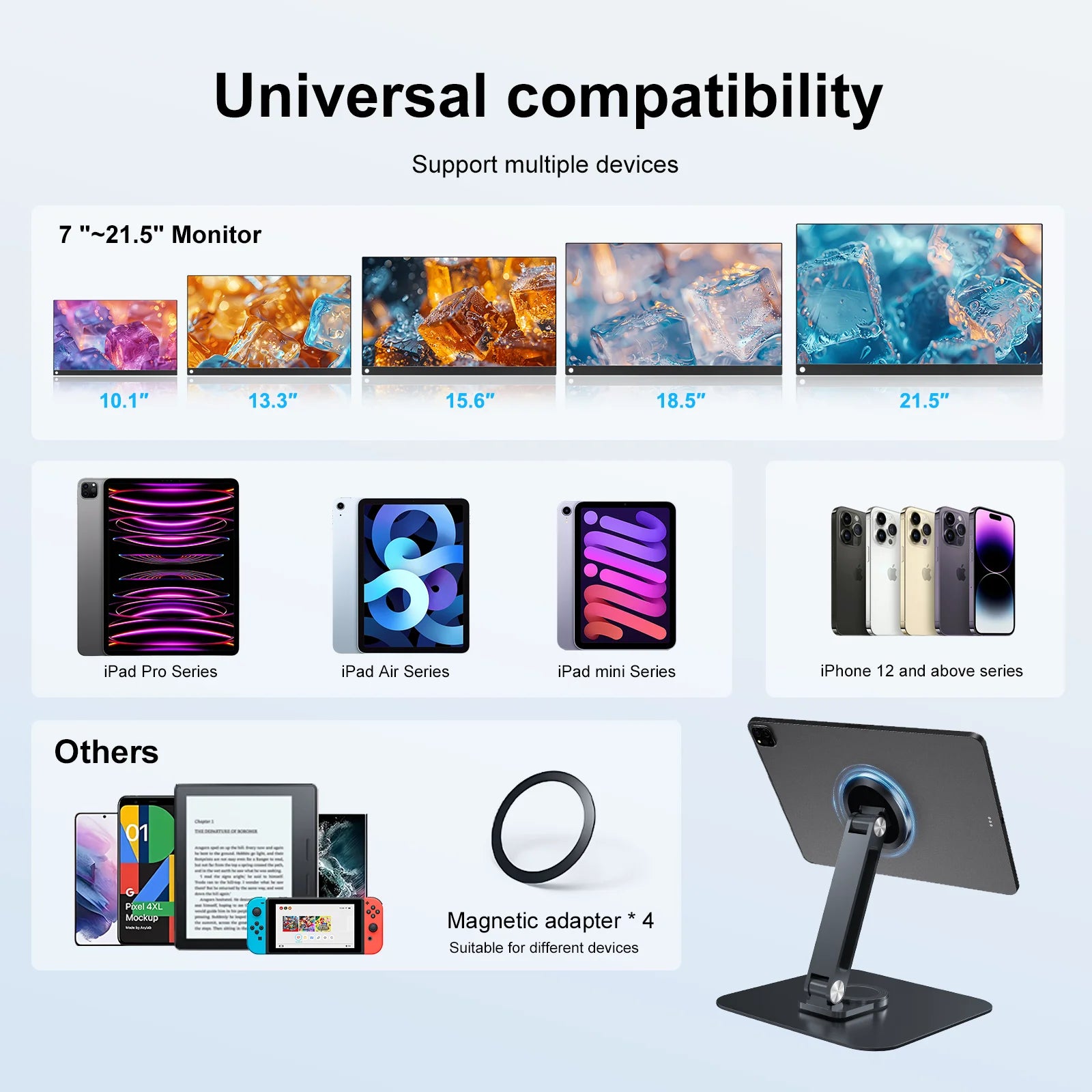 Black Magnetic Metal Stand 360° Rotatable Holder for 7-21.5 inch Portable Monitor, iPad & iPhone Displays,  Stable 3KG Bracket-3