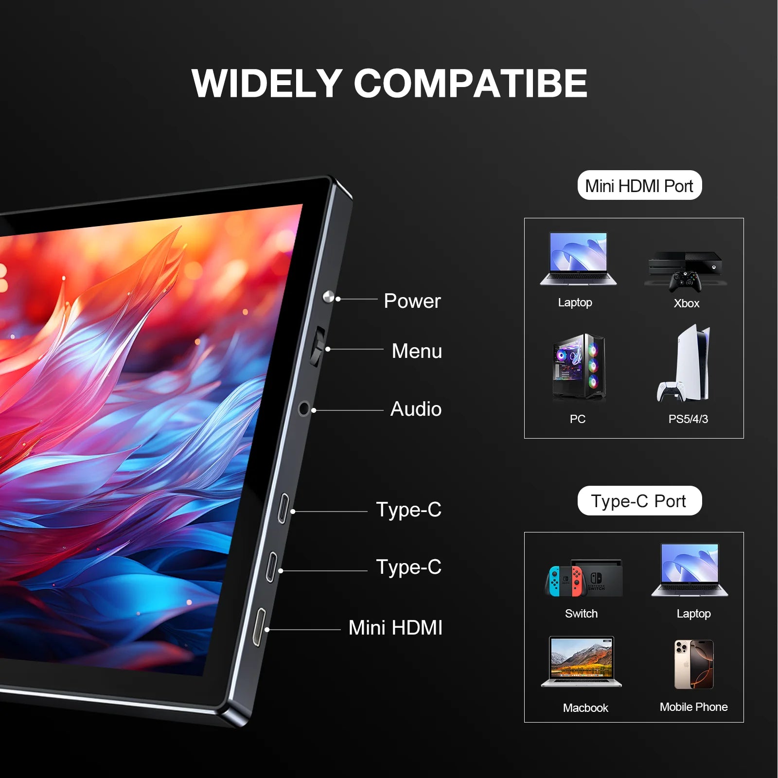 10.1 inch 1920x1200 portable Monitor, Support Typc-c/HDMI，Leather Case VESA 75*75mm, for Mobile Phone Laptops PC Car Computer-3
