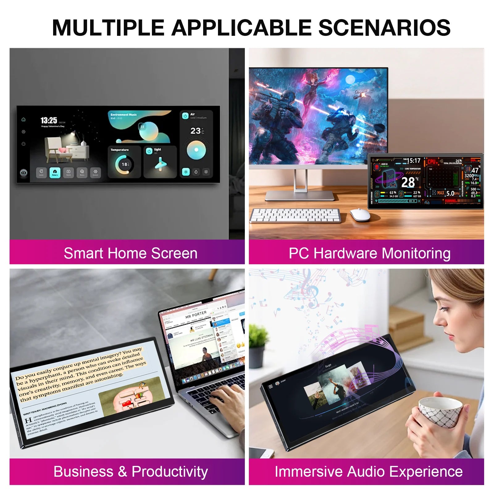 12.3 Inch Touchscreen Portable Monitor 1920x720 IPS  Display 10-Point Touch USB C HDMI Gaming Monitor For Laptop PC 8:3-6