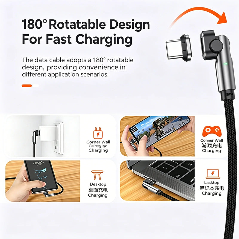 100W PD Magnetic Charging Cable 180° Rotatable Braided Fast Charging Cable Type C Lightning Micro USB 3 In 1 For iPhone Android-3