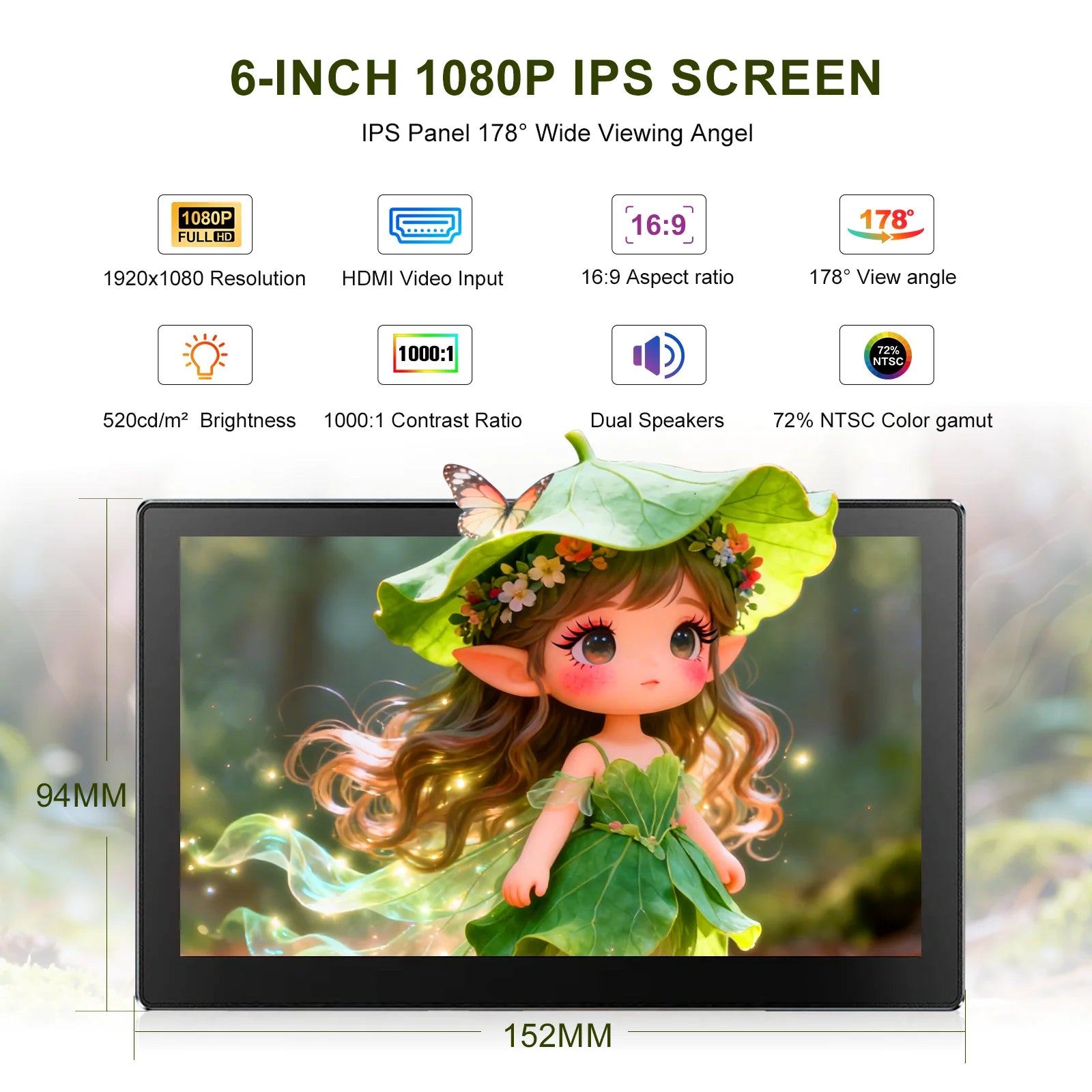 6 Inch Portable Monitor 1080P Supports VESA Installation And Is Compatible With Laptop PS4/5 Xbox Cameras