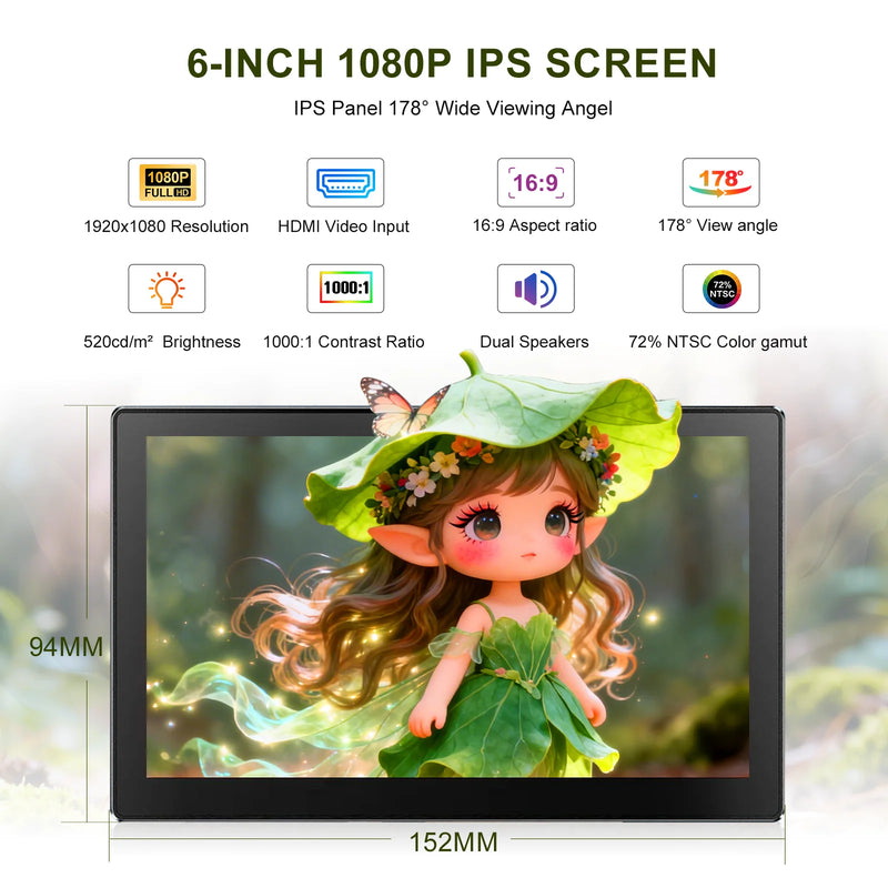 6 Inch Portable Monitor 1080P Supports VESA Installation And Is Compatible With Laptop PS4/5 Xbox Cameras-2