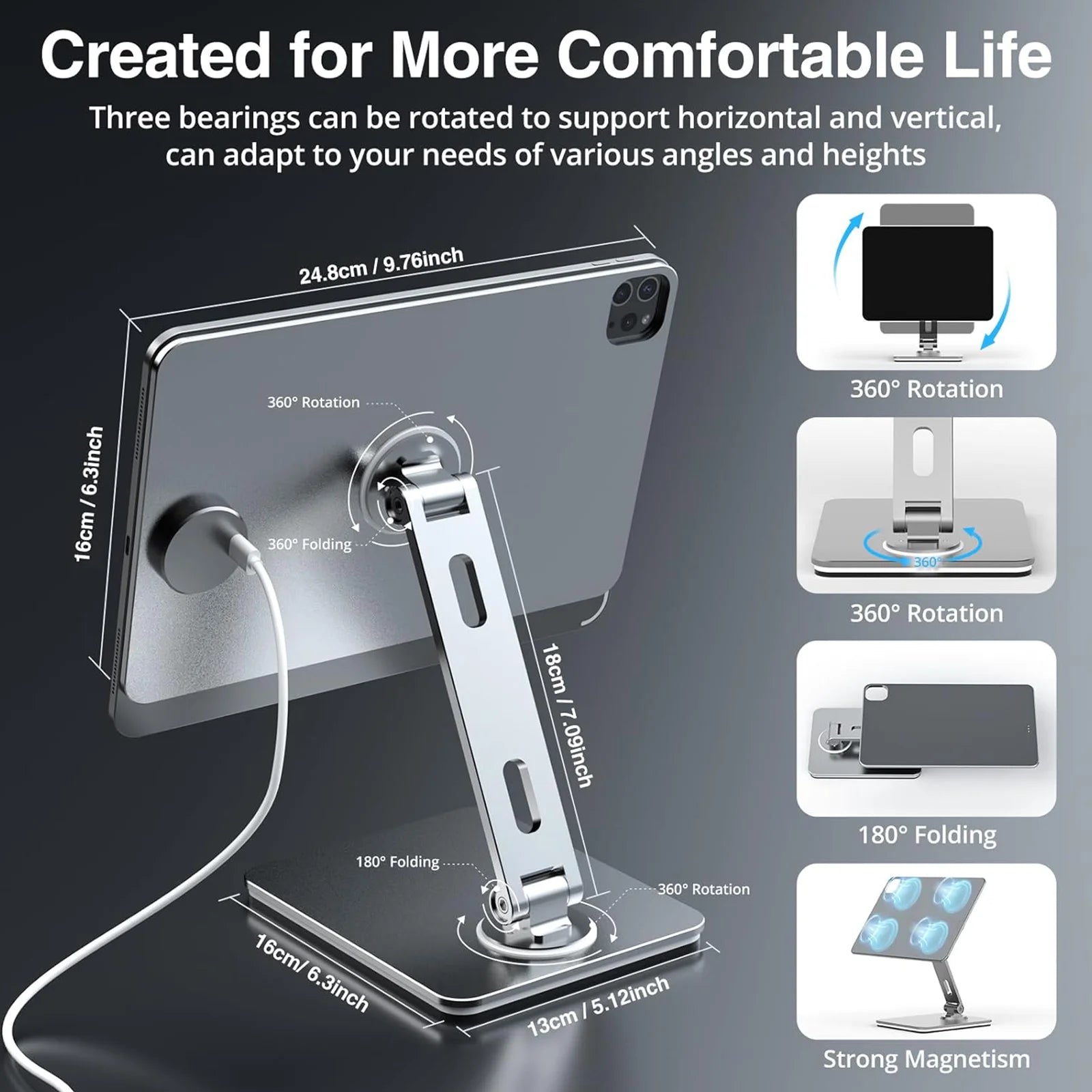Magnetic iPad Stand 360° Rotation Foldable Aluminum Holder for iPad Air 10.9/11 & Pro 11 Adjustable Desk Mount Wireless Charging-3