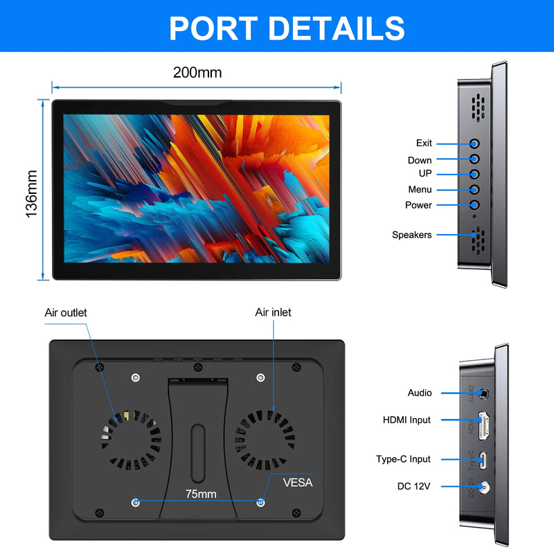 8 inch Pi Monitor 1280x800P 16:10 Widescreen Ratio HDMI Interface for Raspberry Pi DIY Projects Surveillance Display-5