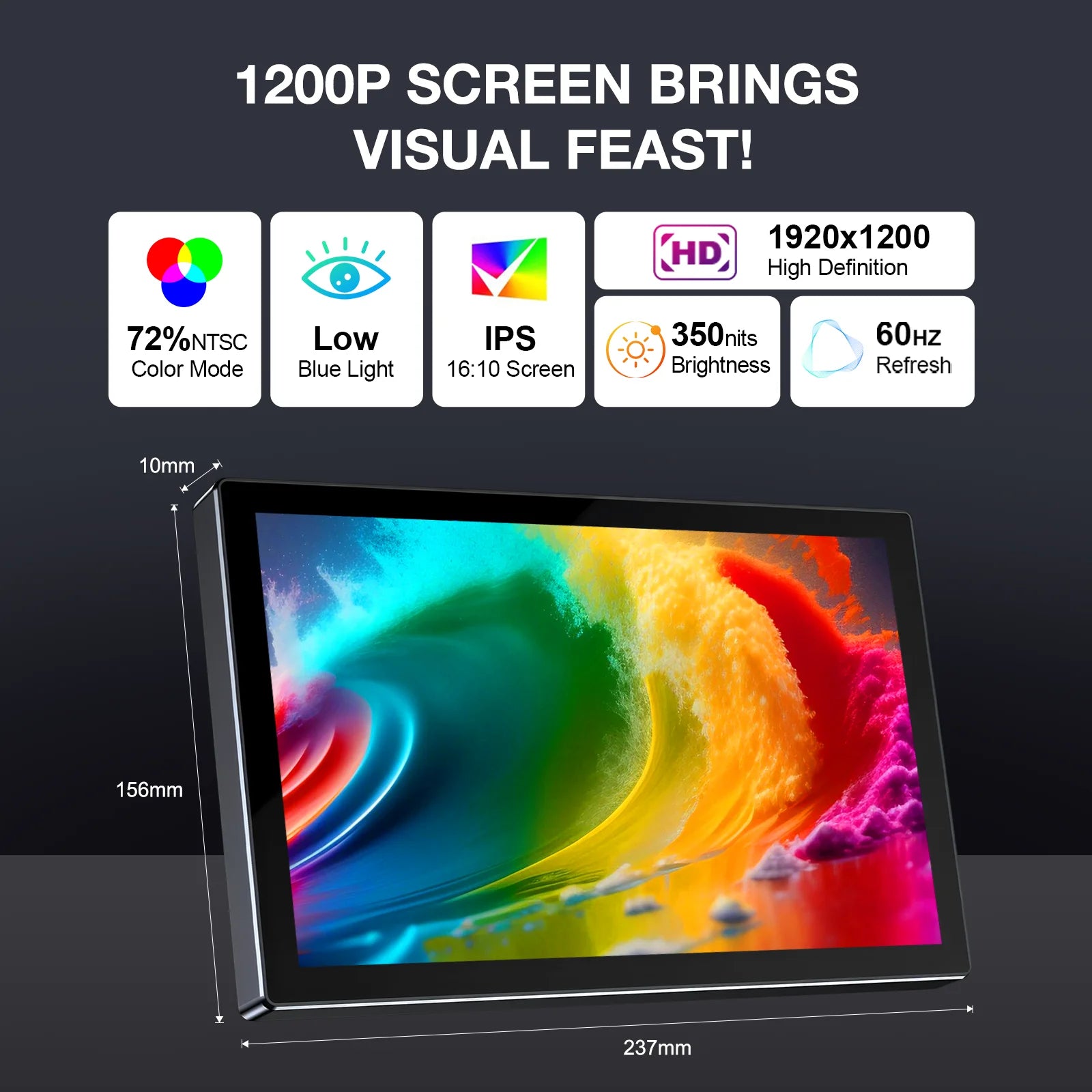 10.1 inch 1920x1200 portable Monitor, Support Typc-c/HDMI，Leather Case VESA 75*75mm, for Mobile Phone Laptops PC Car Computer