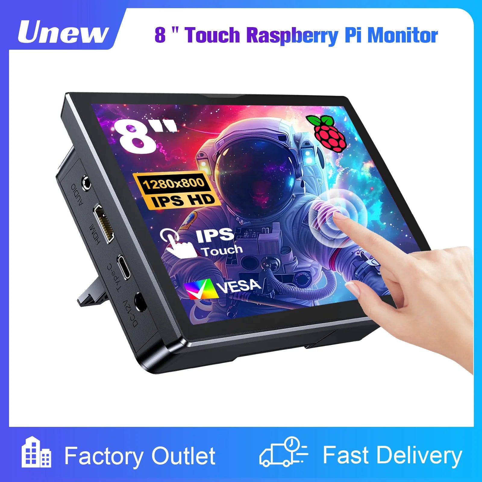 8 inch Raspberry Pi 5 4 Monitor LCD Dispaly 1280x800 16:10 Touch Screen HDMI USB for DIY Pi 4 3 Built in Fans Speaker-1