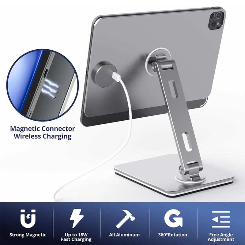 Magnetic iPad Stand 360° Rotation Foldable Aluminum Holder for iPad Air 10.9/11 & Pro 11 Adjustable Desk Mount Wireless Charging-2