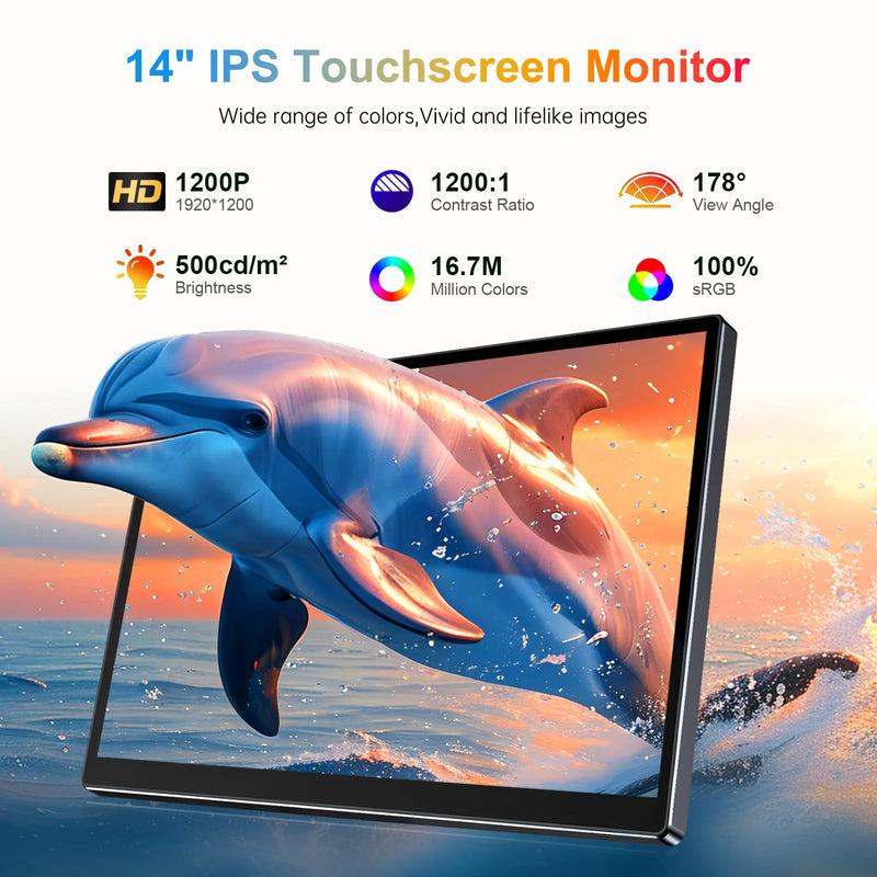 14 inch Portable Monitor Touch Screen with 1920X1200 IPS Office Computer Second Display for Laptop Phone CCTV DIY Car Syteam-2