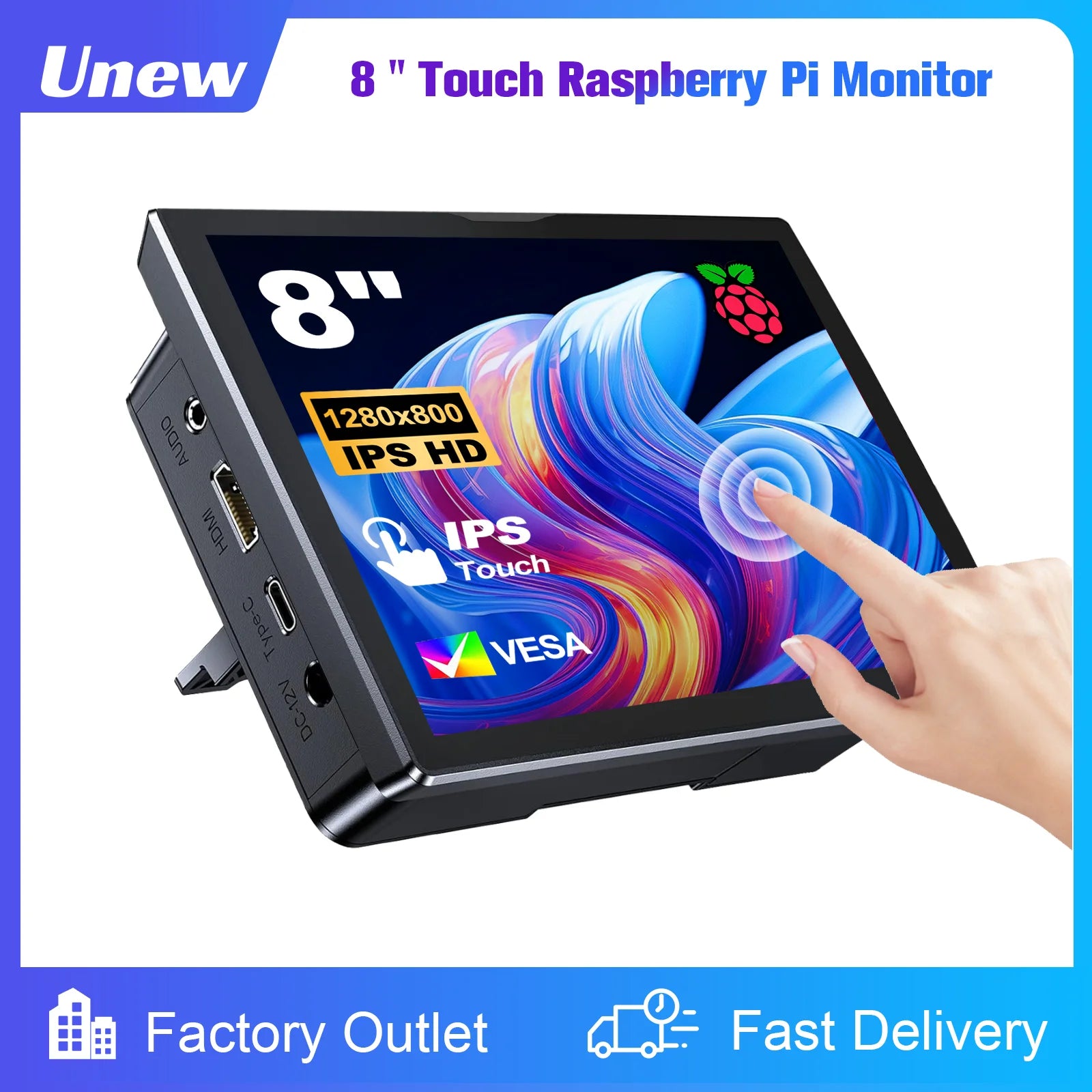 8 inch Pi Monitor 1280x800P 16:10 Widescreen Ratio HDMI Interface for Raspberry Pi DIY Projects Surveillance Display-1