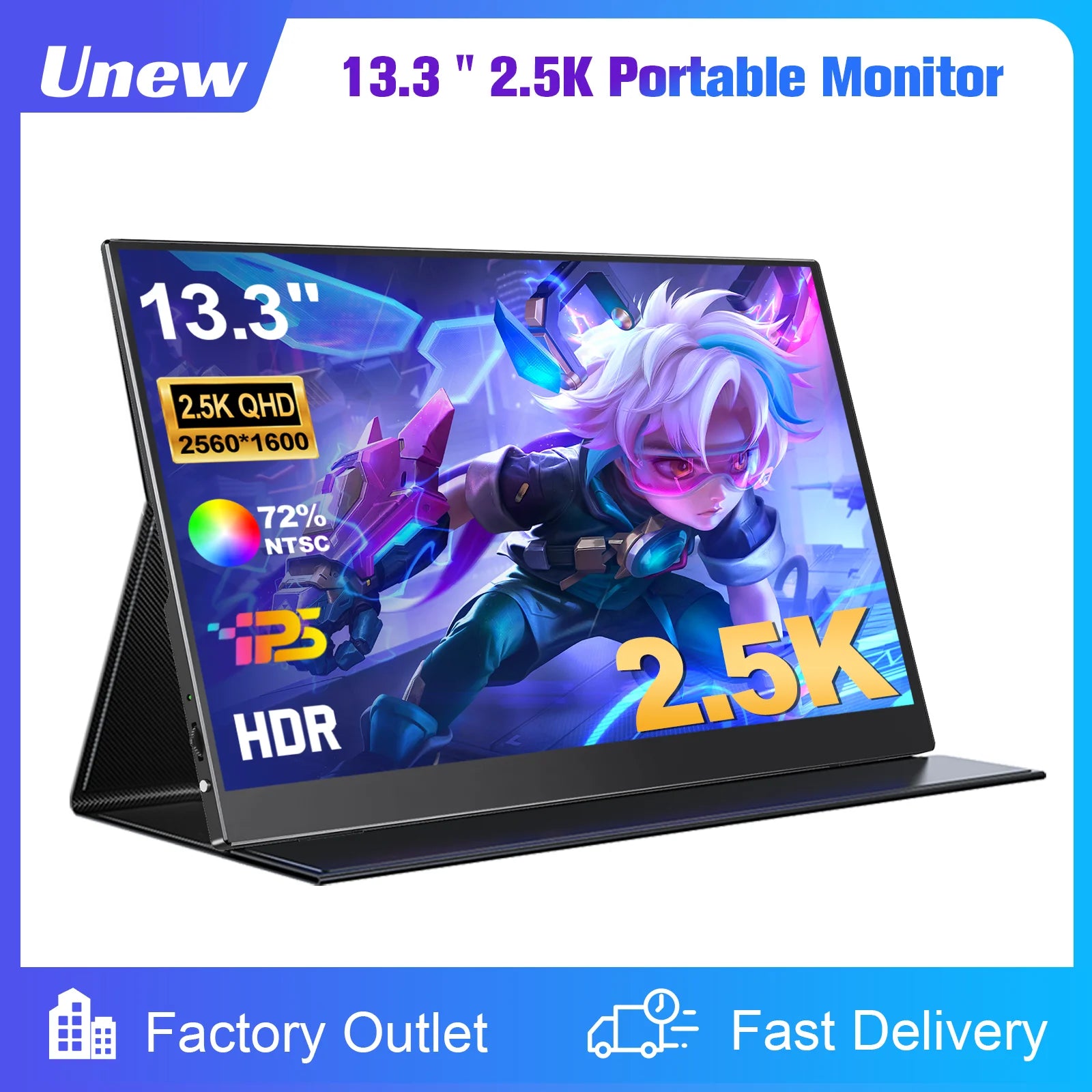 2.5K Portable Monitor 13.3” 2560x1600 External Display 16:10 Second Monitor Screen Type-C HDMI for Xbox Switch PS Phone