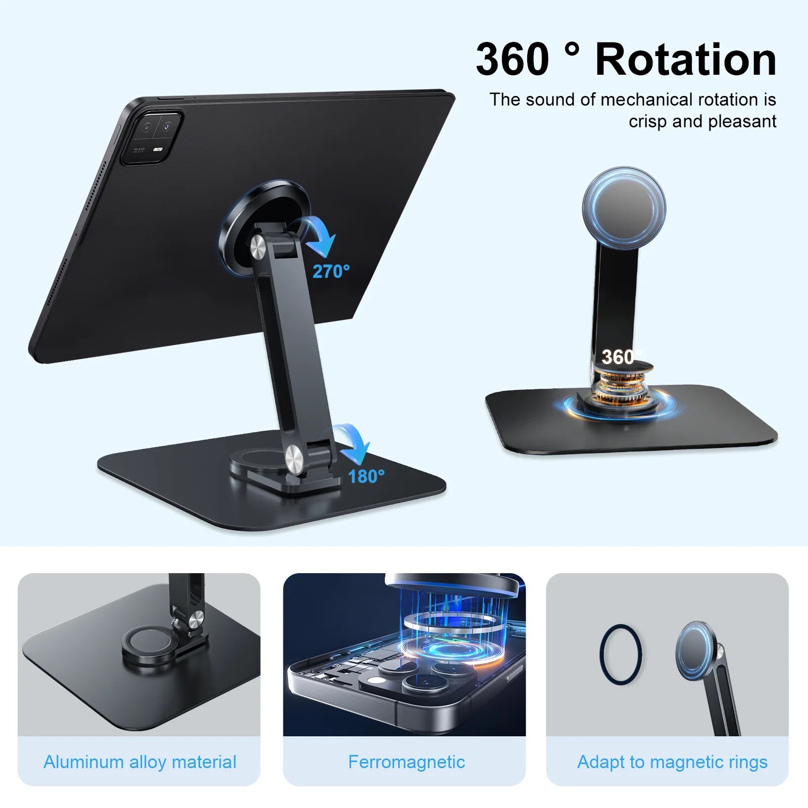 Black Magnetic Metal Stand 360° Rotatable Holder for 7-21.5 inch Portable Monitor, iPad & iPhone Displays,  Stable 3KG Bracket-4