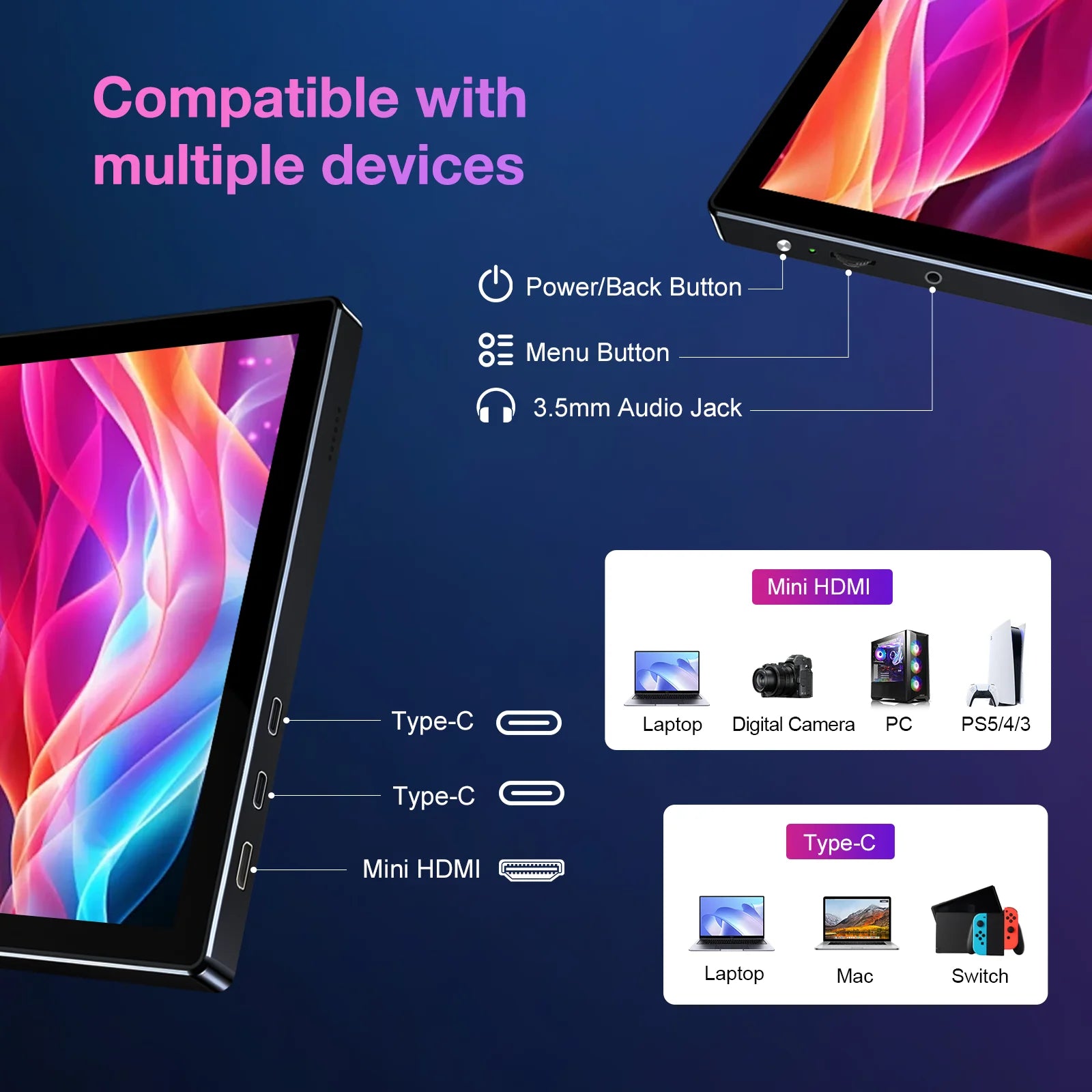 11" 2.5K Touchscreen Portable Monitor 2560x1600 IPS VESA 75*75mm 16:10 USB-C HDMI Display For Laptop Mac PC PS5 Switch-4