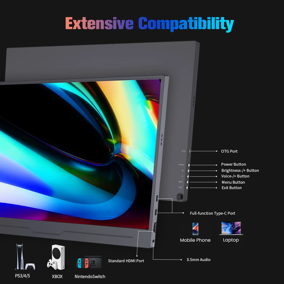 15.6 Inch 4K UHD IPS Monitor 3840x2160 | HDMI & USB-C Ports | Gaming/Office/Design Display for Xbox/PS5/PS4/Mac/PC-3