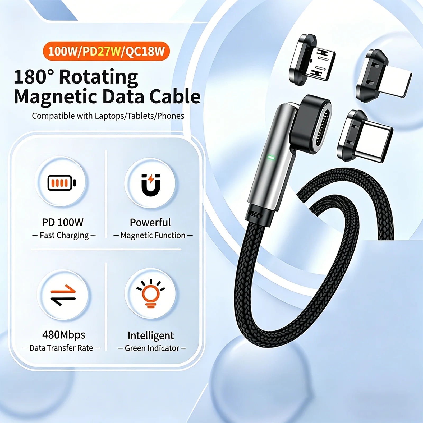 100W PD Magnetic Charging Cable 180° Rotatable Braided Fast Charging Cable Type C Lightning Micro USB 3 In 1 For iPhone Android