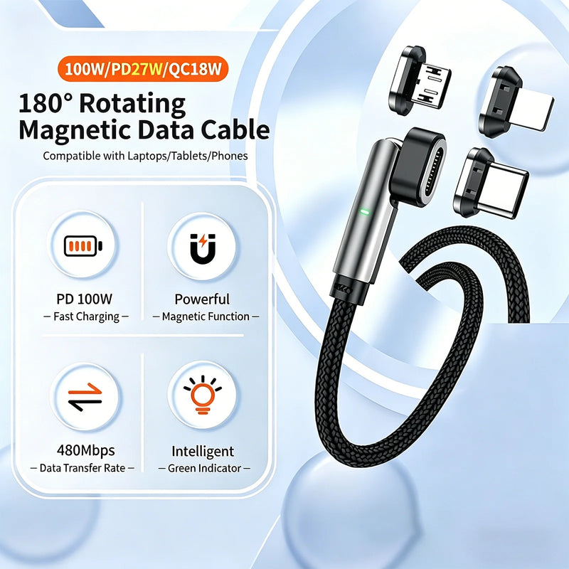 100W PD Magnetic Charging Cable 180° Rotatable Braided Fast Charging Cable Type C Lightning Micro USB 3 In 1 For iPhone Android-2
