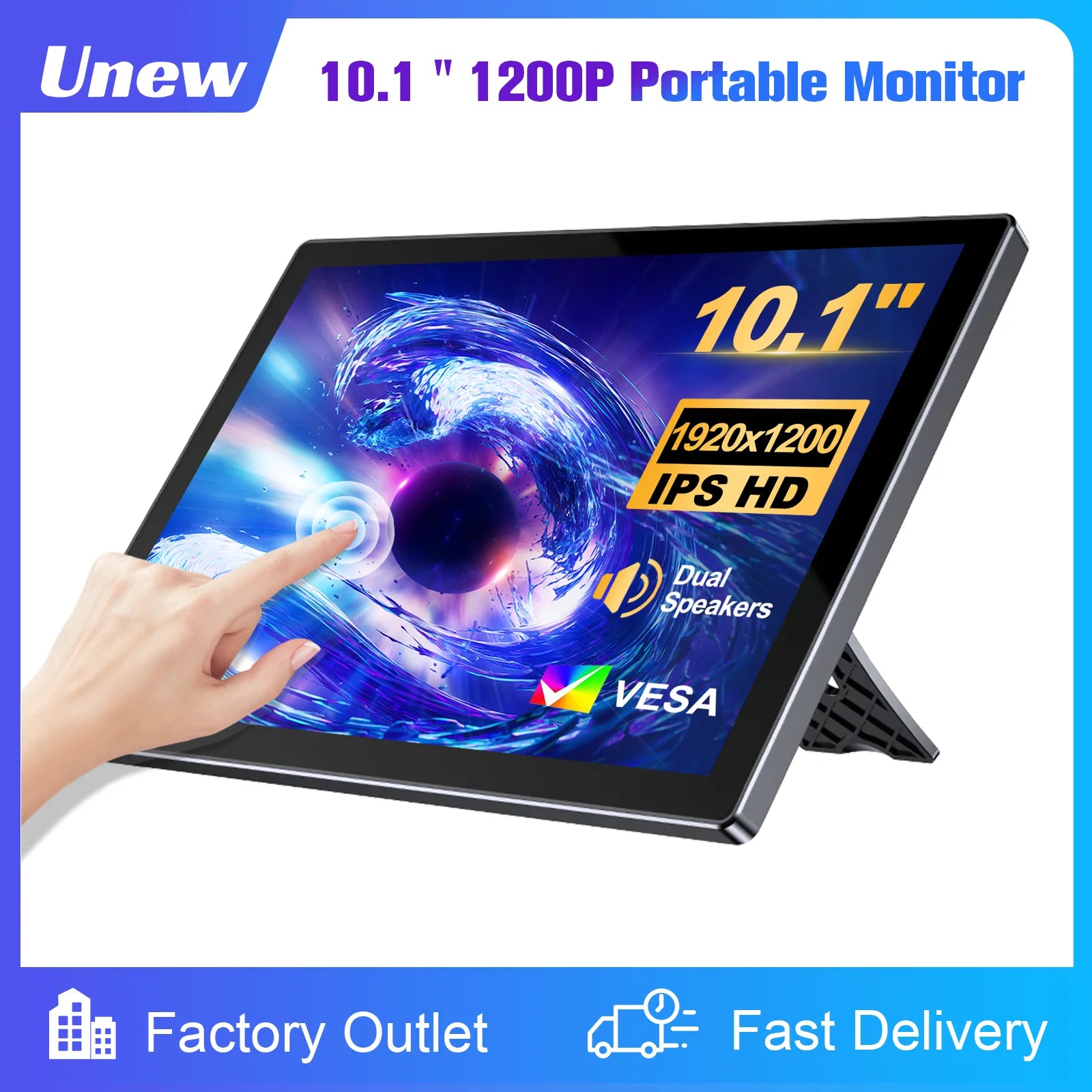 10.1 inch Touch Portable Monitor 1920x1200 Screen IPS LCD 5-point Touchscreen Dual Speaker Type-C HDMI USB-C for Car Computer