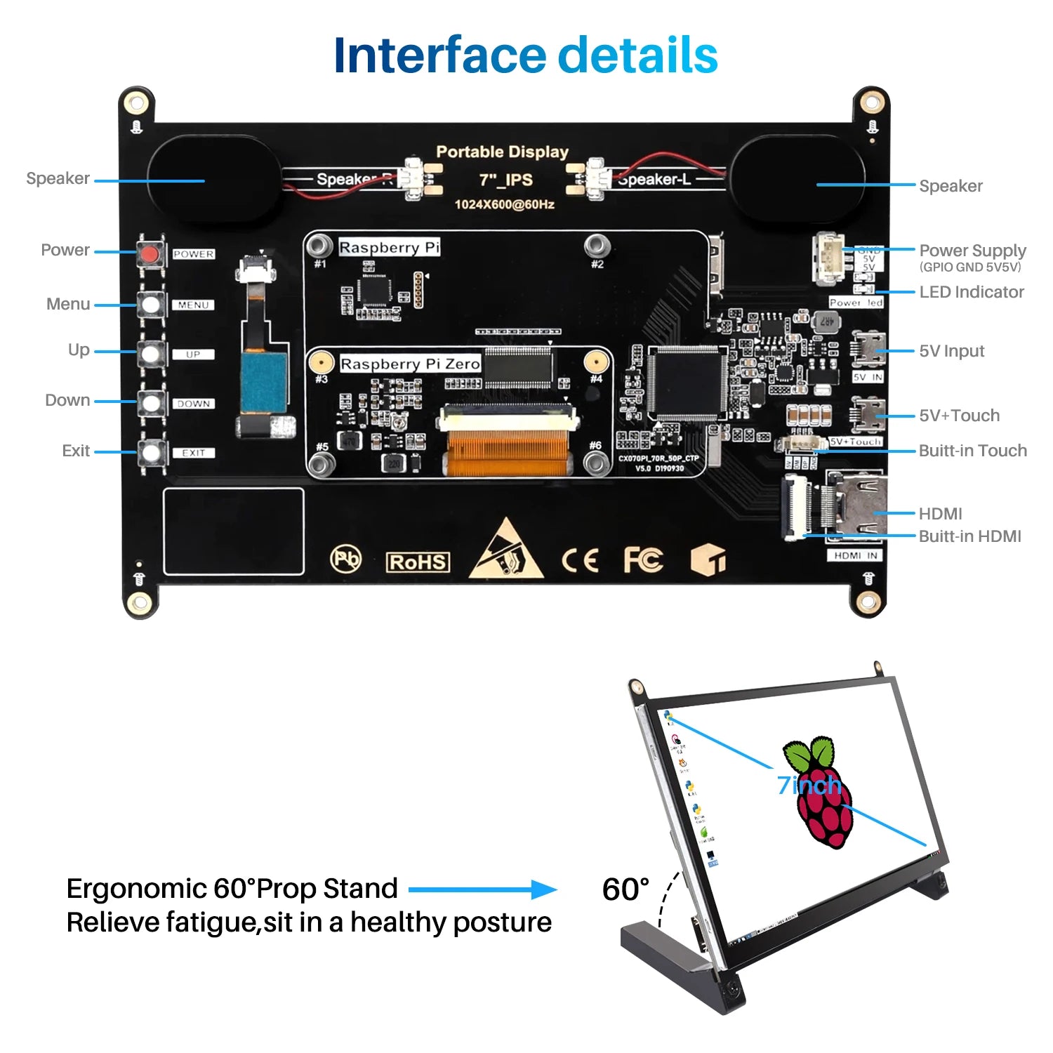 7" Open Frame Raspberry Pi Touch Monitor | 1024×600 5-Point Capacitive IPS Bare Screen-5